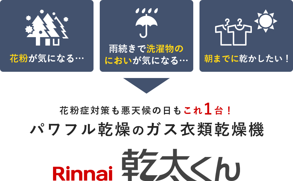 花粉症対策も悪天候の日もこれ1台！パワフル乾燥のガス衣類乾燥機
